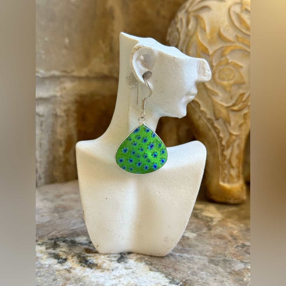 Silver Green Glass Flower Earrings